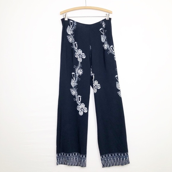 Kenar Studio Navy blue BoHo floral, print tie, front wide, leg pants - Picture 8 of 12